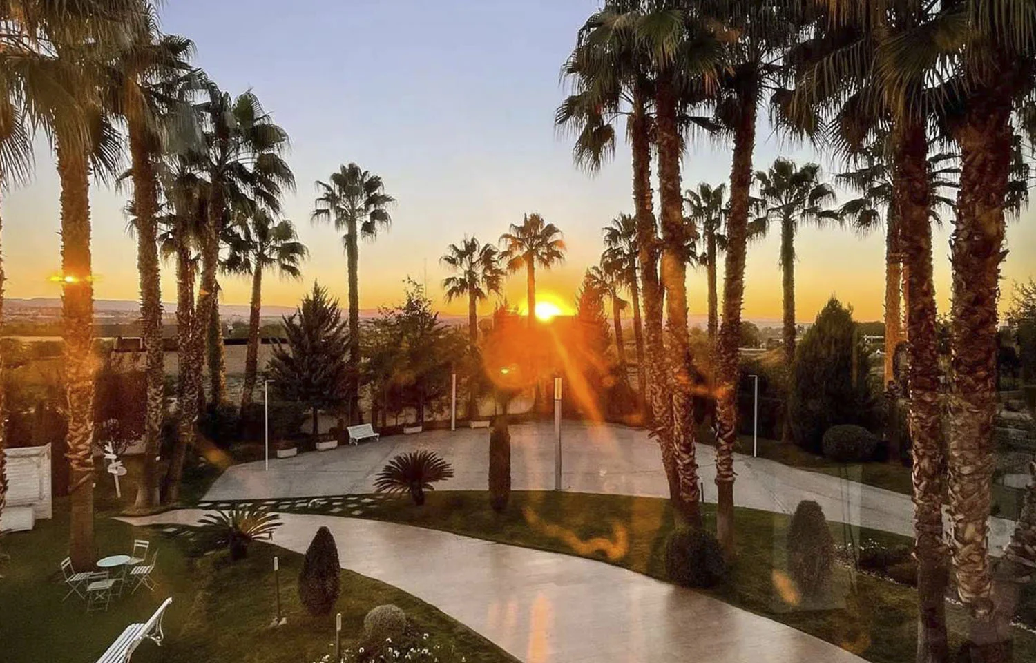 Atardecer en los Jardines de Sidhartta con vista de los jardines rodeados de palmeras