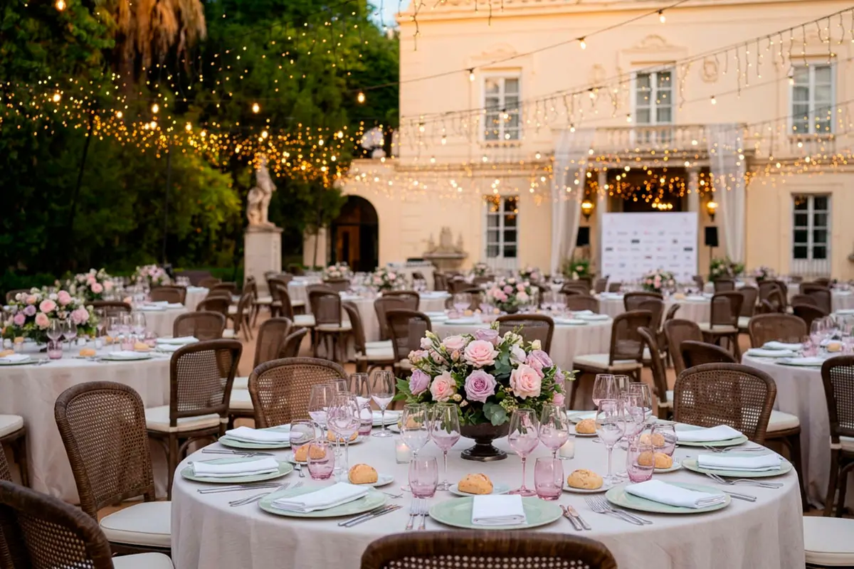 Elegante montaje de mesas y sillas con centros florales y vajillas y cristalería de colores para celebración de cena de gala institucional al aire libre en el Carmen de los Mártires