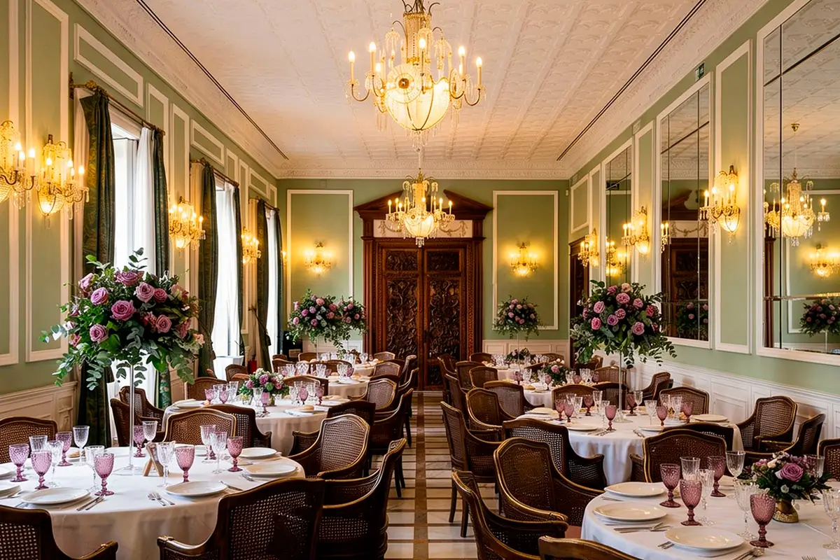 Elegante montaje de mesas, sillas y centros de mesa para celebración de cena de gala en un salón interior del Carmen de los Mártires