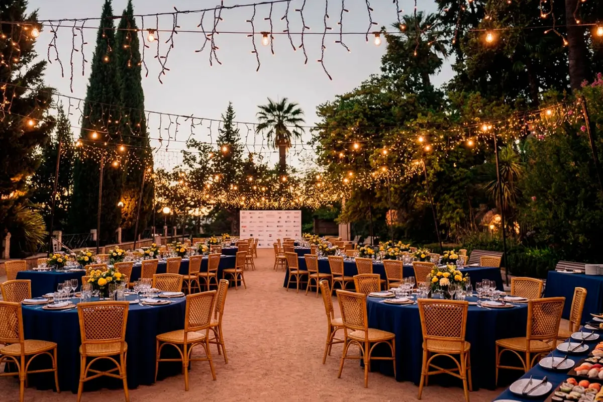 Montaje de mesas y sillas para celebración de cena de gala en un evento corporativo en Granada al exterior